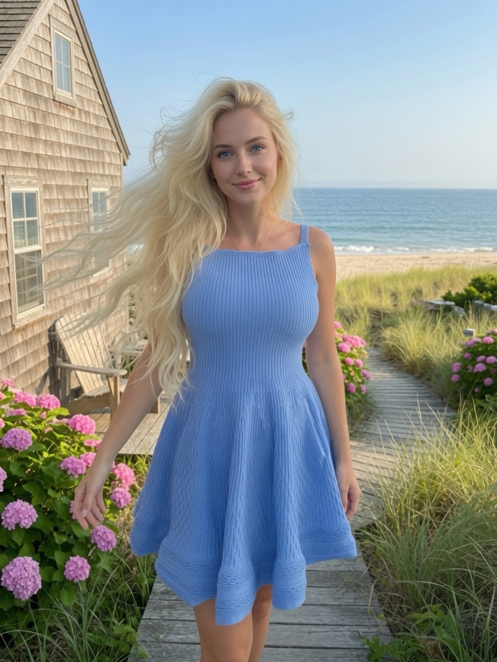 Maje Blue Ribbed Knit Fit-and-Flare Mini Dress